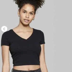 Wild Fable Black V-Neck Short-Sleeve, Cropped T-Shirt, Sz Large